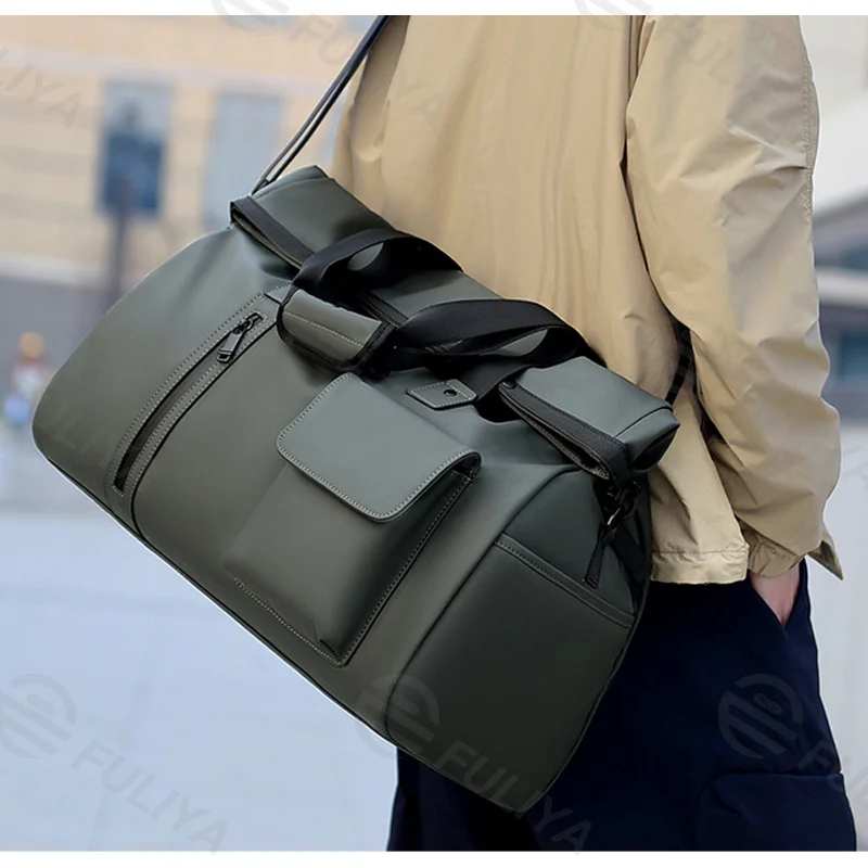 Guangzhou Fuliya Industry Co.,Ltd C-81138 Minimalist travel gym bag, water-resistant, large capacity, wet/dry pocket, front magnetic pocket, front/back zipper pockets, and luggage strap - hand or crossbody carry for travel, fitness, and business trips.