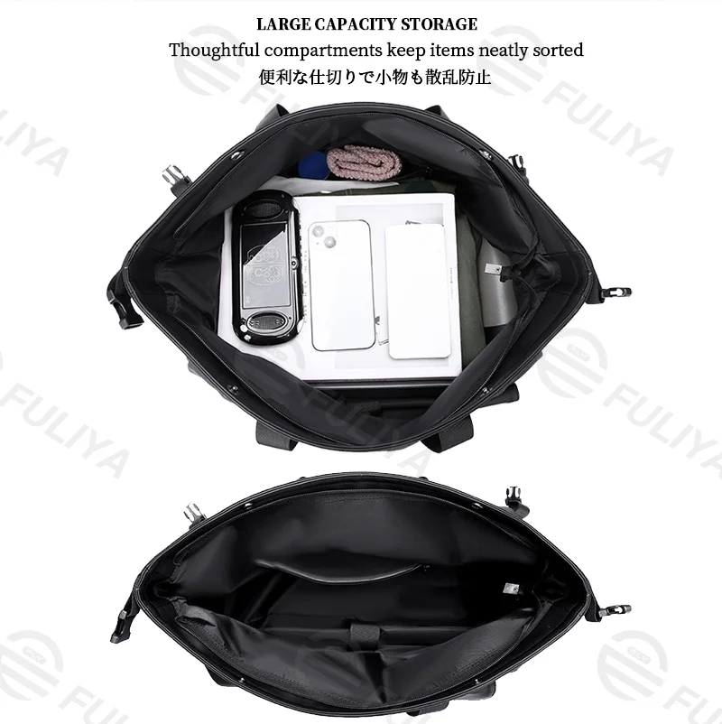Guangzhou Fuliya Industry Co.,Ltd C-81138 Minimalist travel gym bag, water-resistant, large capacity, wet/dry pocket, front magnetic pocket, front/back zipper pockets, and luggage strap - hand or crossbody carry for travel, fitness, and business trips.
