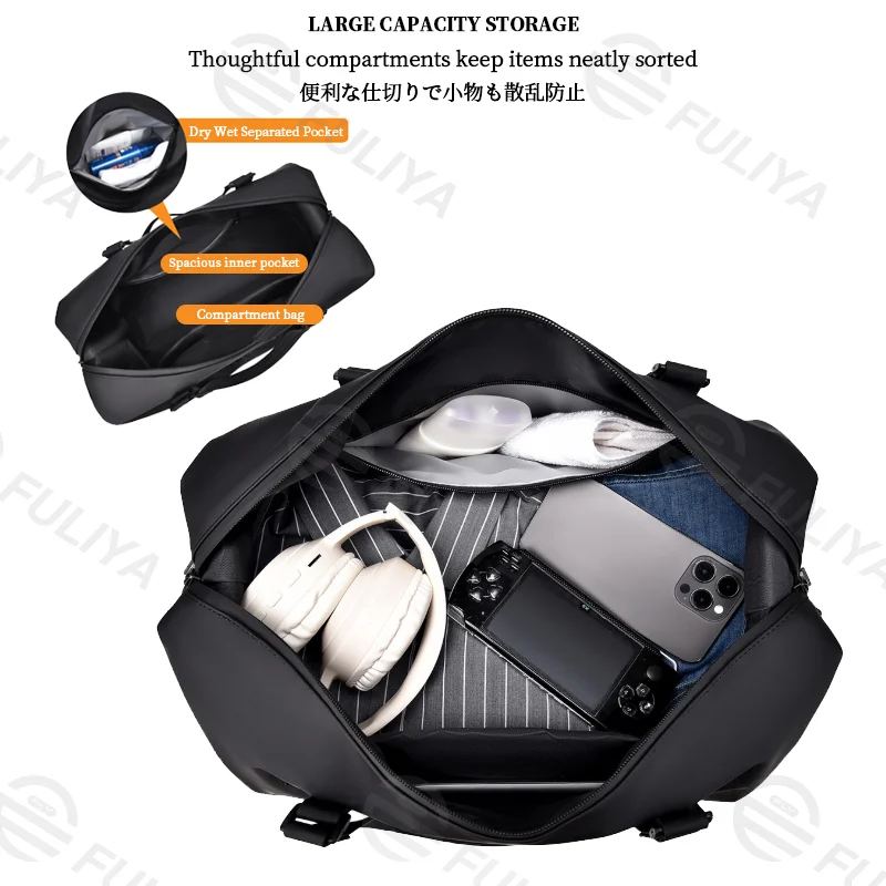Guangzhou Fuliya Industry Co.,Ltd C-81141 Large-capacity travel gym bag, water-resistant, multi-layer storage, wet/dry pocket, adjustable strap, detachable hook, and luggage sleeve - for travel, fitness, and business trips.