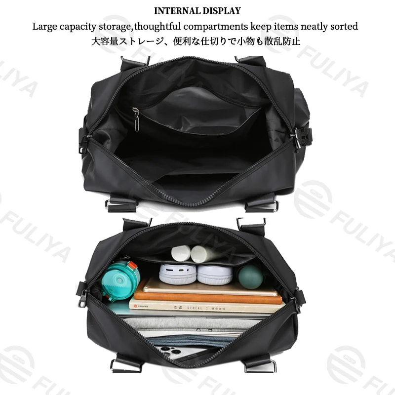Guangzhou Fuliya Industry Co.,Ltd C-81143 Hand-carry travel gym bag, large capacity, comfortable handle, detachable hook, and adjustable strap - hand, shoulder, or crossbody carry for short trips, fitness, and business travel.