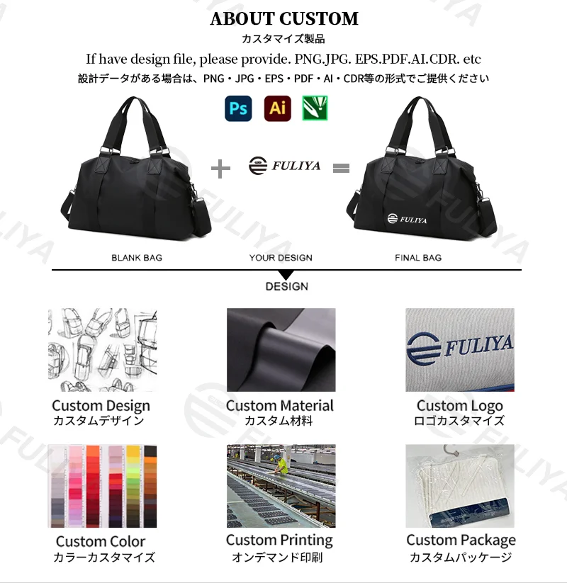 Guangzhou Fuliya Industry Co.,Ltd C-81143 Hand-carry travel gym bag, large capacity, comfortable handle, detachable hook, and adjustable strap - hand, shoulder, or crossbody carry for short trips, fitness, and business travel.