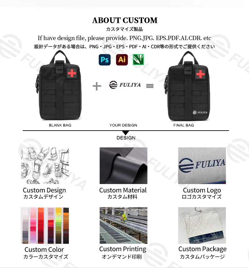 Guangzhou Fuliya Industry Co.,Ltd C-81150  Tactical medical pouch, wear-resistant, large capacity, mesh pocket, partition pocket, quick-release buckle, and MOLLE system - attachable to backpacks or belts for outdoor, hiking, climbing, and camping.