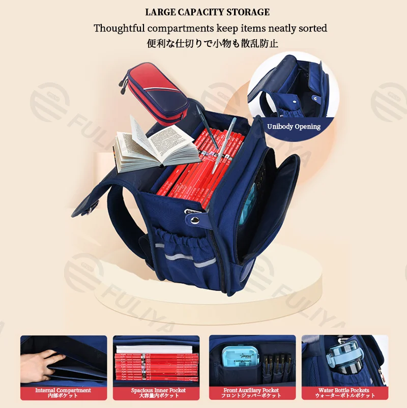 Guangzhou Fuliya Industry Co.,Ltd C-81152 Primary school horizontal backpack, water-resistant, large capacity, S-curve straps, spine-protection chest strap, thickened back padding, 3D heat dissipation, and 360° reflective design - for ages 6-12.