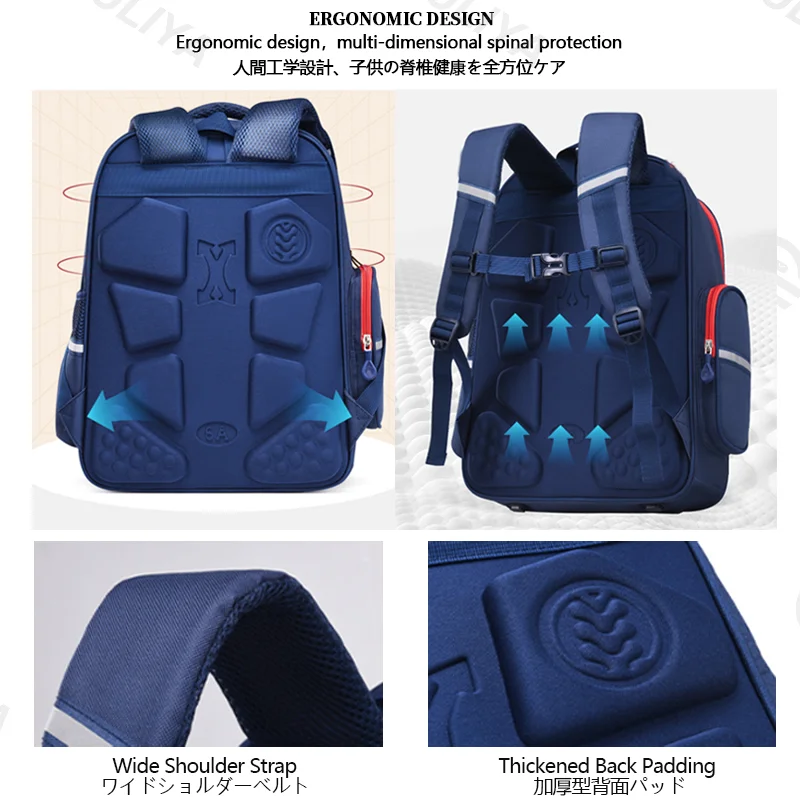 Guangzhou Fuliya Industry Co.,Ltd C-81154 Primary school backpack, water-resistant, lightweight and pressure-reducing, large capacity, front/side/inner pockets, adjustable strap, and breathable mesh back panel - for grades 1-6.