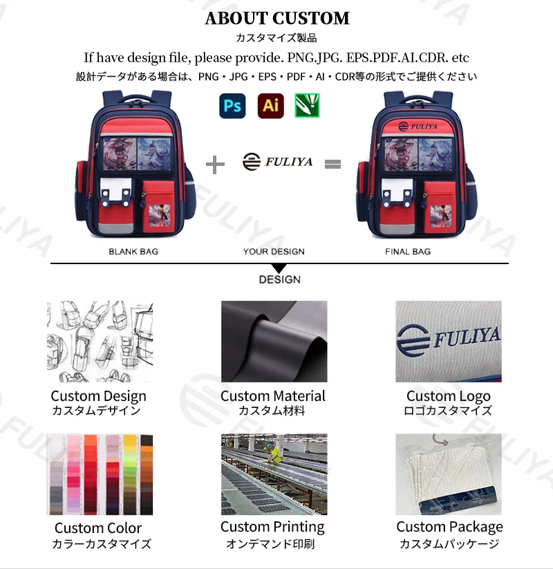 Guangzhou Fuliya Industry Co.,Ltd C-81154 Primary school backpack, water-resistant, lightweight and pressure-reducing, large capacity, front/side/inner pockets, adjustable strap, and breathable mesh back panel - for grades 1-6.