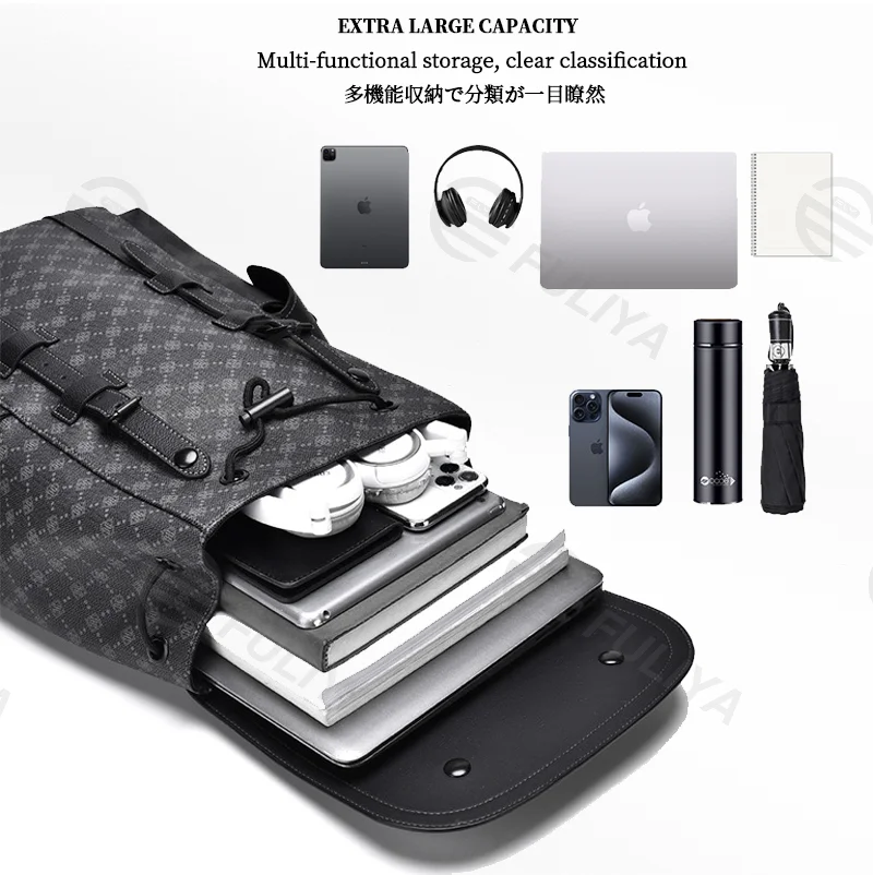 Guangzhou Fuliya Industry Co.,Ltd C-81155 Large-capacity business backpack, PVC water-resistant, multi-layer storage, laptop compartment, magnetic buckle, triangular reinforcement, and luggage strap - for commuting, business trips, and travel.
