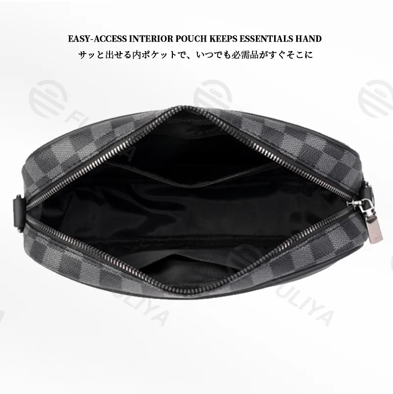 Guangzhou Fuliya Industry Co.,Ltd C-81156 Men's checkered crossbody bag, water-resistant,  multi-layer storage, front pocket, back snap button, inner pocket, detachable hook, and adjustable buckle - for casual, commuting, and travel.
