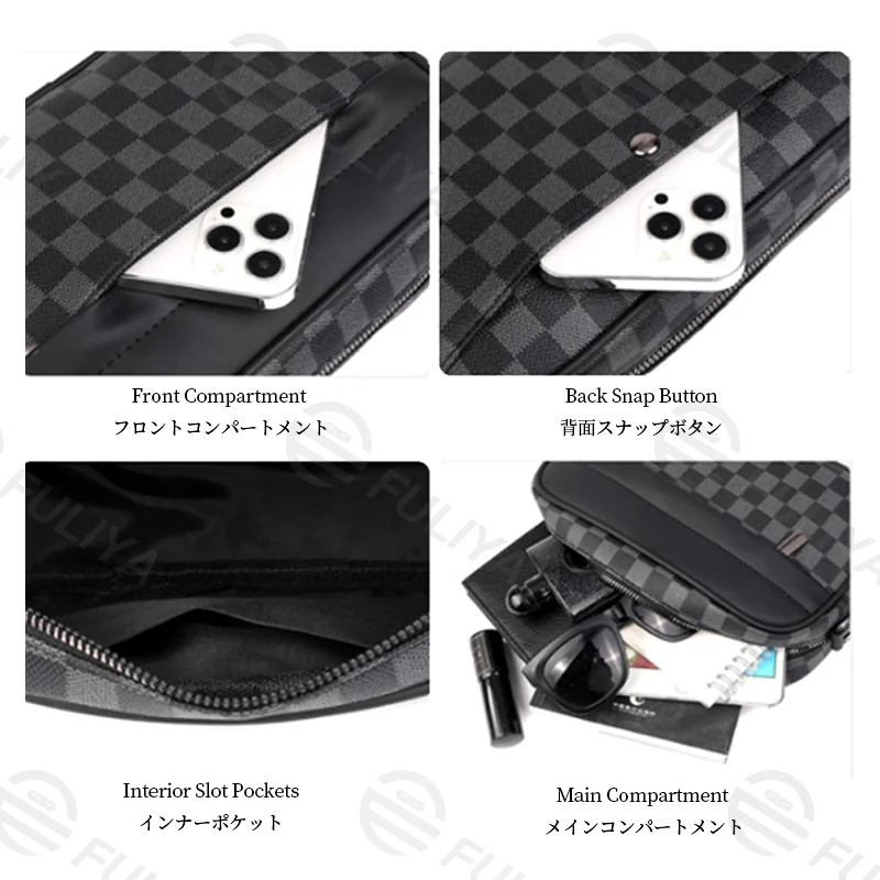 Guangzhou Fuliya Industry Co.,Ltd C-81156 Men's checkered crossbody bag, water-resistant,  multi-layer storage, front pocket, back snap button, inner pocket, detachable hook, and adjustable buckle - for casual, commuting, and travel.