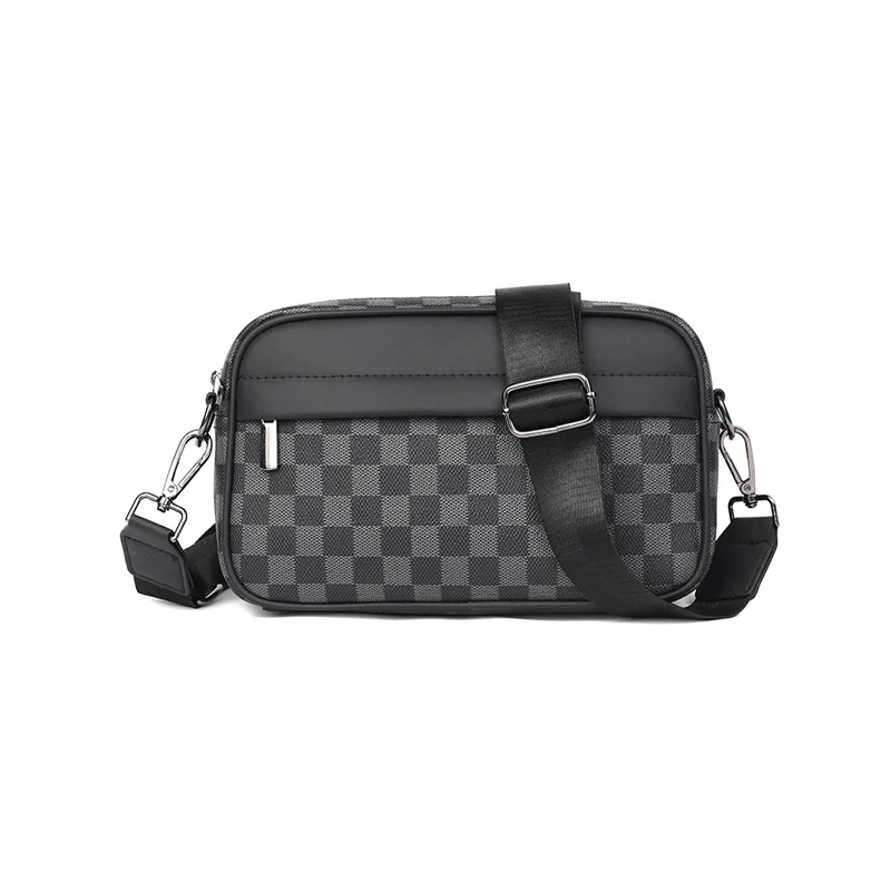 Guangzhou Fuliya Industry Co.,Ltd C-81156 Men's checkered crossbody bag, water-resistant,  multi-layer storage, front pocket, back snap button, inner pocket, detachable hook, and adjustable buckle - for casual, commuting, and travel.