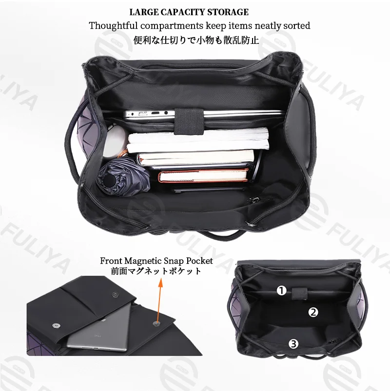 Guangzhou Fuliya Industry Co.,Ltd C-81159  Large-capacity business laptop backpack, water-resistant, laptop compartment, front magnetic pocket, breathable back panel, and luggage strap, with holographic laser elements - for commuting and travel.