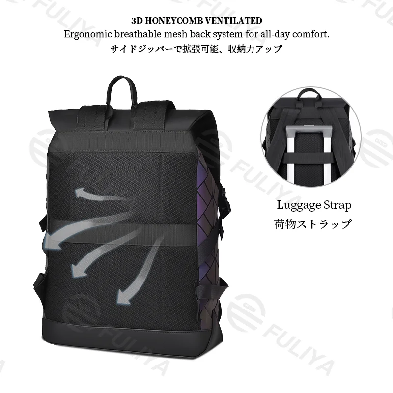 Guangzhou Fuliya Industry Co.,Ltd C-81159  Large-capacity business laptop backpack, water-resistant, laptop compartment, front magnetic pocket, breathable back panel, and luggage strap, with holographic laser elements - for commuting and travel.