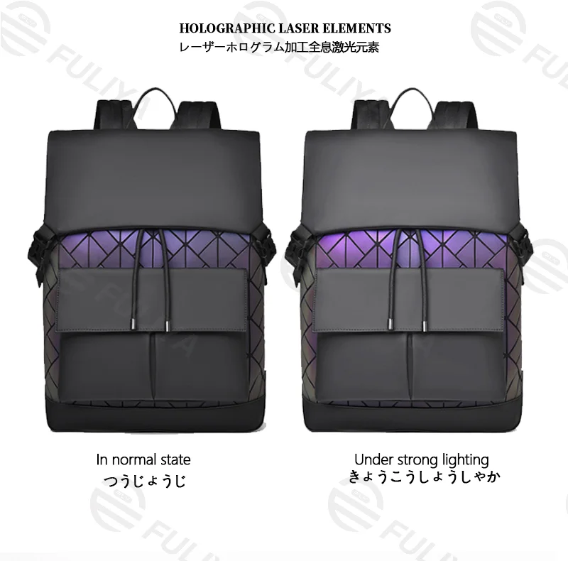 Guangzhou Fuliya Industry Co.,Ltd C-81159  Large-capacity business laptop backpack, water-resistant, laptop compartment, front magnetic pocket, breathable back panel, and luggage strap, with holographic laser elements - for commuting and travel.