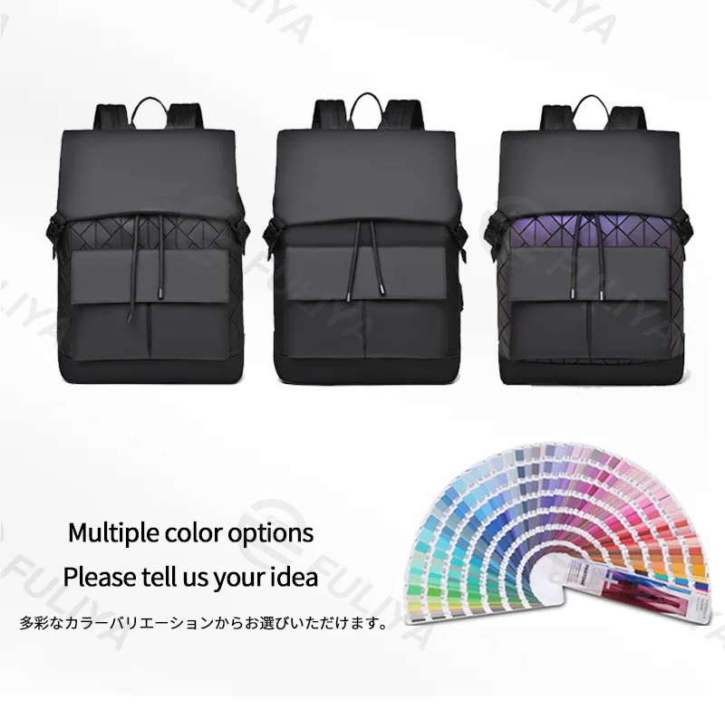Guangzhou Fuliya Industry Co.,Ltd C-81159  Large-capacity business laptop backpack, water-resistant, laptop compartment, front magnetic pocket, breathable back panel, and luggage strap, with holographic laser elements - for commuting and travel.