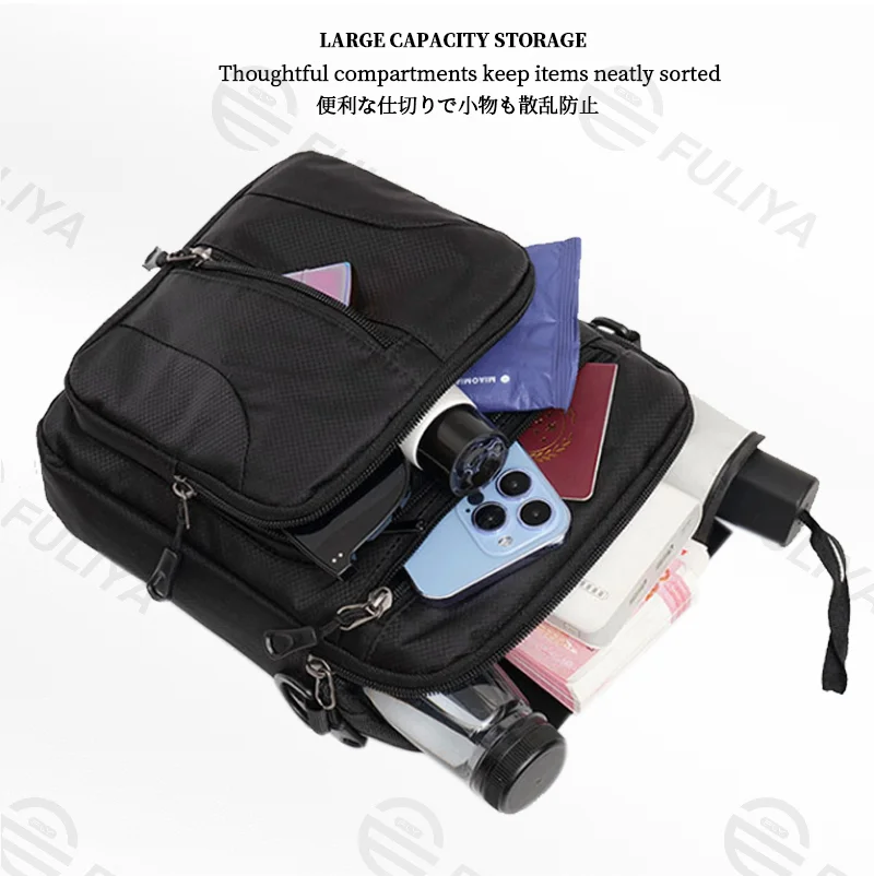 Guangzhou Fuliya Industry Co.,Ltd C-81163 Multi-pocket shoulder/crossbody bag, wear-resistant Oxford fabric, lightweight, hidden back zipper pocket, D-ring, detachable hook, and adjustable strap - for commuting, travel, and daily use.