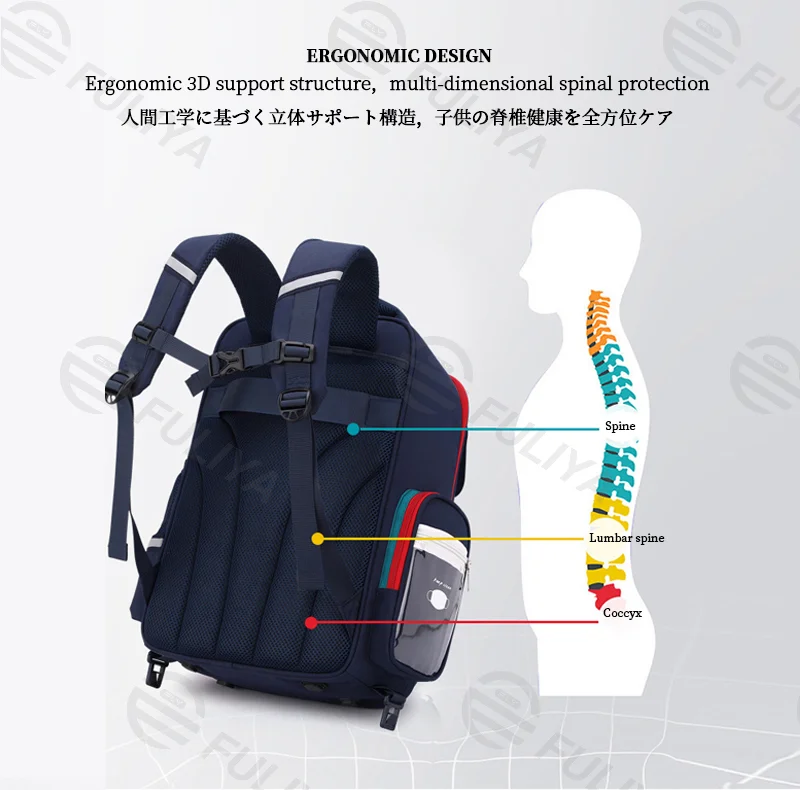 Guangzhou Fuliya Industry Co.,Ltd C-81164 Primary school wheeled backpack, 3D spine protection, large capacity, aluminum handle and 6-wheel stair-climbing system - detachable for backpack, shoulder, or tote use, for grades 1-6.