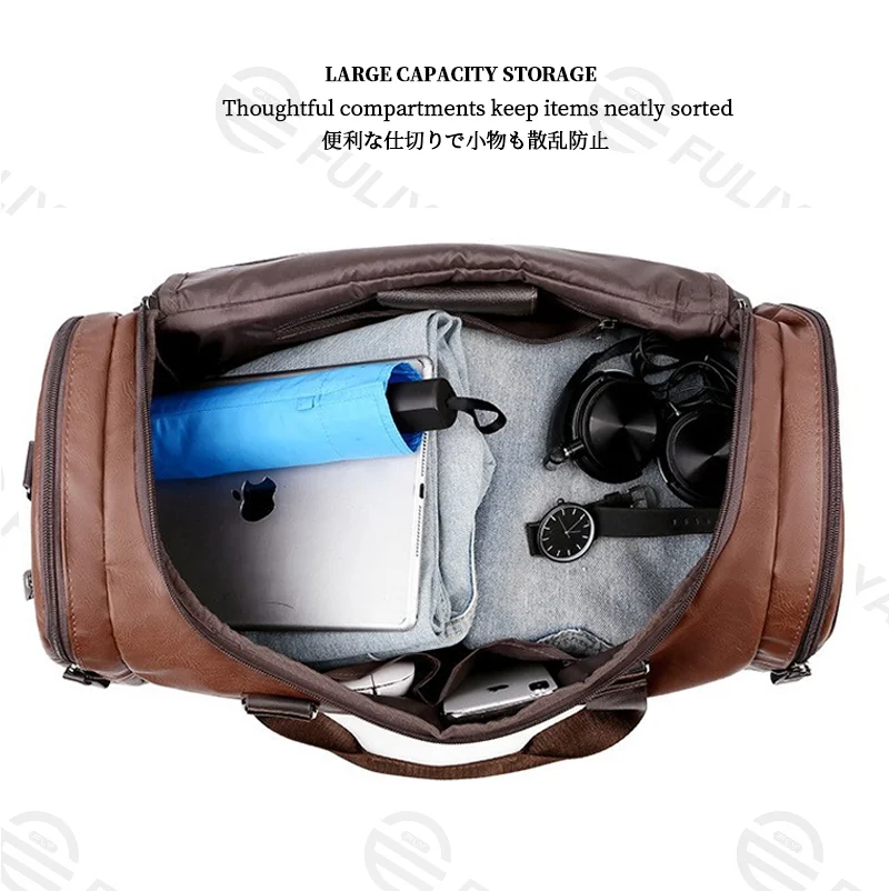 Guangzhou Fuliya Industry Co.,Ltd C-81165 Waterproof PU leather business duffle bag, large capacity, side zipper pockets, detachable shoulder strap, and comfortable handle - hand or shoulder carry for business trips, travel, and fitness.