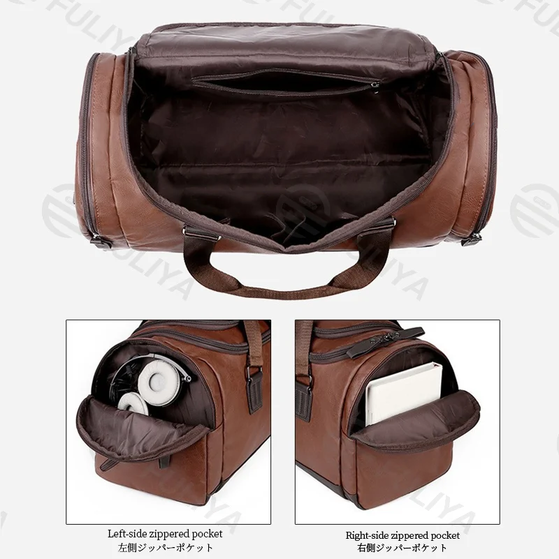 Guangzhou Fuliya Industry Co.,Ltd C-81165 Waterproof PU leather business duffle bag, large capacity, side zipper pockets, detachable shoulder strap, and comfortable handle - hand or shoulder carry for business trips, travel, and fitness.