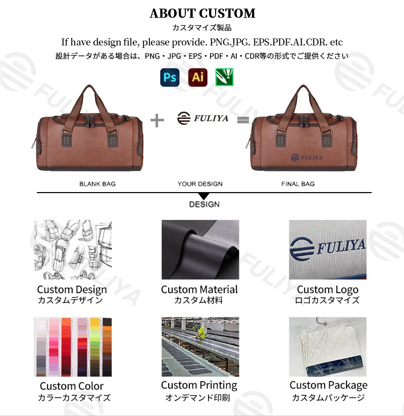 Guangzhou Fuliya Industry Co.,Ltd C-81165 Waterproof PU leather business duffle bag, large capacity, side zipper pockets, detachable shoulder strap, and comfortable handle - hand or shoulder carry for business trips, travel, and fitness.