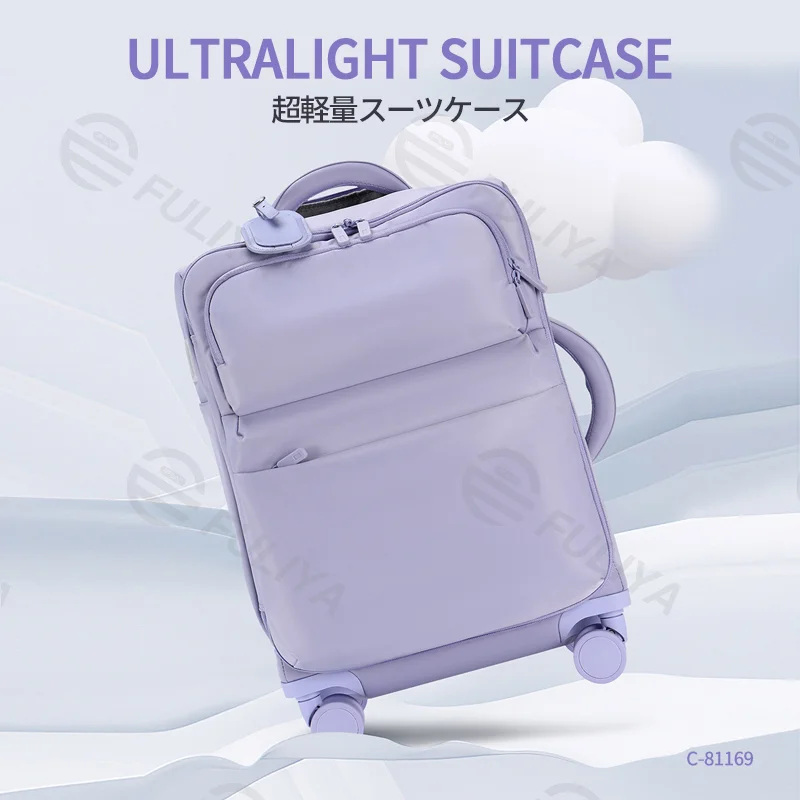Guangzhou Fuliya Industry Co.,Ltd C-81169 Ultra-light trolley luggage, waterproof nylon, one-touch aluminum handle, USB port, combination lock, silent spinner wheels, wet/dry compartment, and 1:9 open ratio - for boarding and short trips.