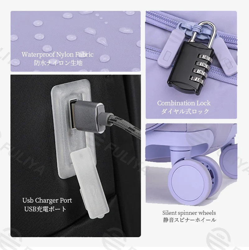 Guangzhou Fuliya Industry Co.,Ltd C-81169 Ultra-light trolley luggage, waterproof nylon, one-touch aluminum handle, USB port, combination lock, silent spinner wheels, wet/dry compartment, and 1:9 open ratio - for boarding and short trips.