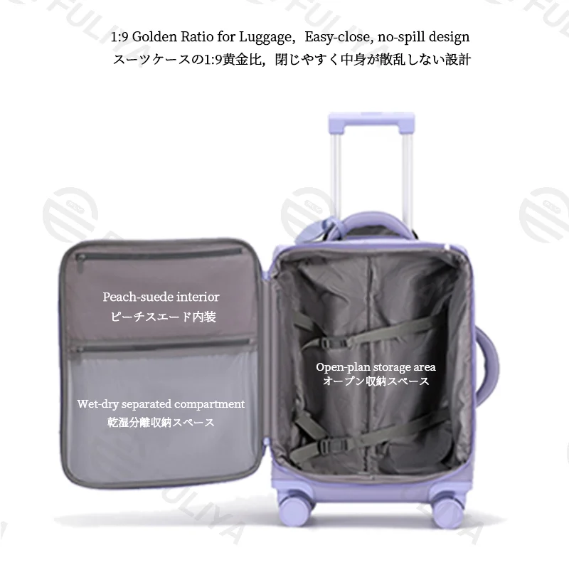 Guangzhou Fuliya Industry Co.,Ltd C-81169 Ultra-light trolley luggage, waterproof nylon, one-touch aluminum handle, USB port, combination lock, silent spinner wheels, wet/dry compartment, and 1:9 open ratio - for boarding and short trips.