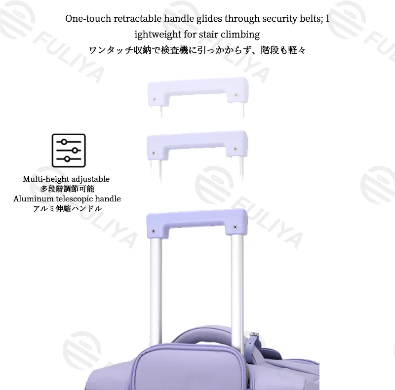 Guangzhou Fuliya Industry Co.,Ltd C-81169 Ultra-light trolley luggage, waterproof nylon, one-touch aluminum handle, USB port, combination lock, silent spinner wheels, wet/dry compartment, and 1:9 open ratio - for boarding and short trips.
