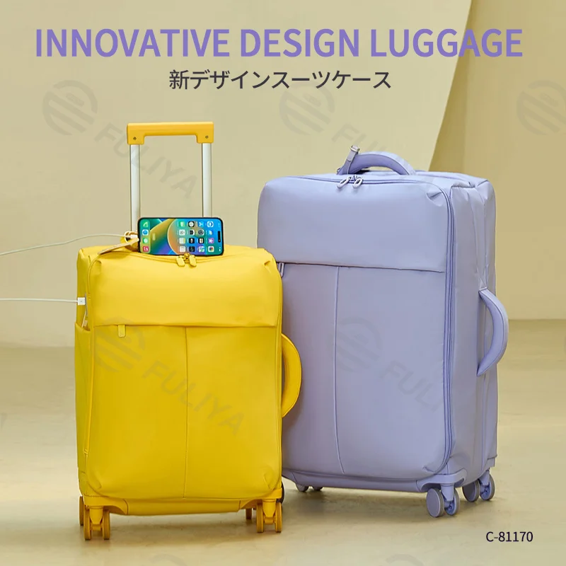 Guangzhou Fuliya Industry Co.,Ltd C-81170 Ultra-light trolley luggage, waterproof nylon, one-touch aluminum handle, USB port, combination lock, silent spinner wheels, and 1:9 open ratio - for boarding and short trips.