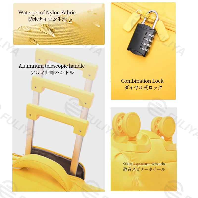 Guangzhou Fuliya Industry Co.,Ltd C-81170 Ultra-light trolley luggage, waterproof nylon, one-touch aluminum handle, USB port, combination lock, silent spinner wheels, and 1:9 open ratio - for boarding and short trips.