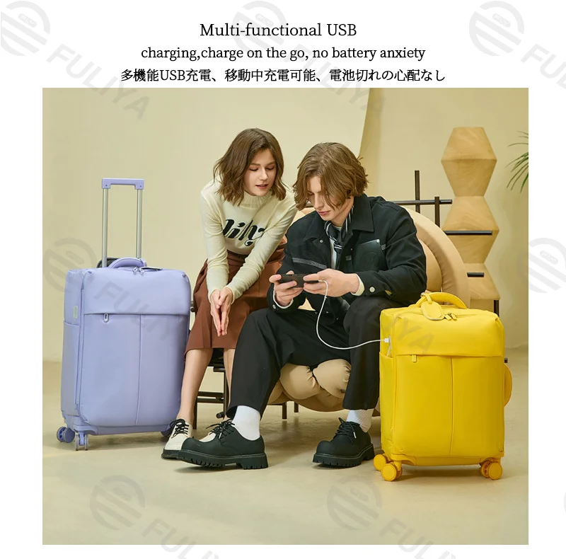 Guangzhou Fuliya Industry Co.,Ltd C-81170 Ultra-light trolley luggage, waterproof nylon, one-touch aluminum handle, USB port, combination lock, silent spinner wheels, and 1:9 open ratio - for boarding and short trips.