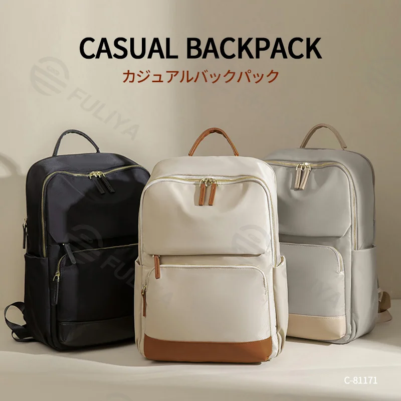 Guangzhou Fuliya Industry Co.,Ltd C-81172 Large-capacity backpack, water-resistant, multi-layer storage, front zipper pocket, side pocket, hidden zipper pocket, laptop compartment, and luggage strap - for school, commuting, and travel.