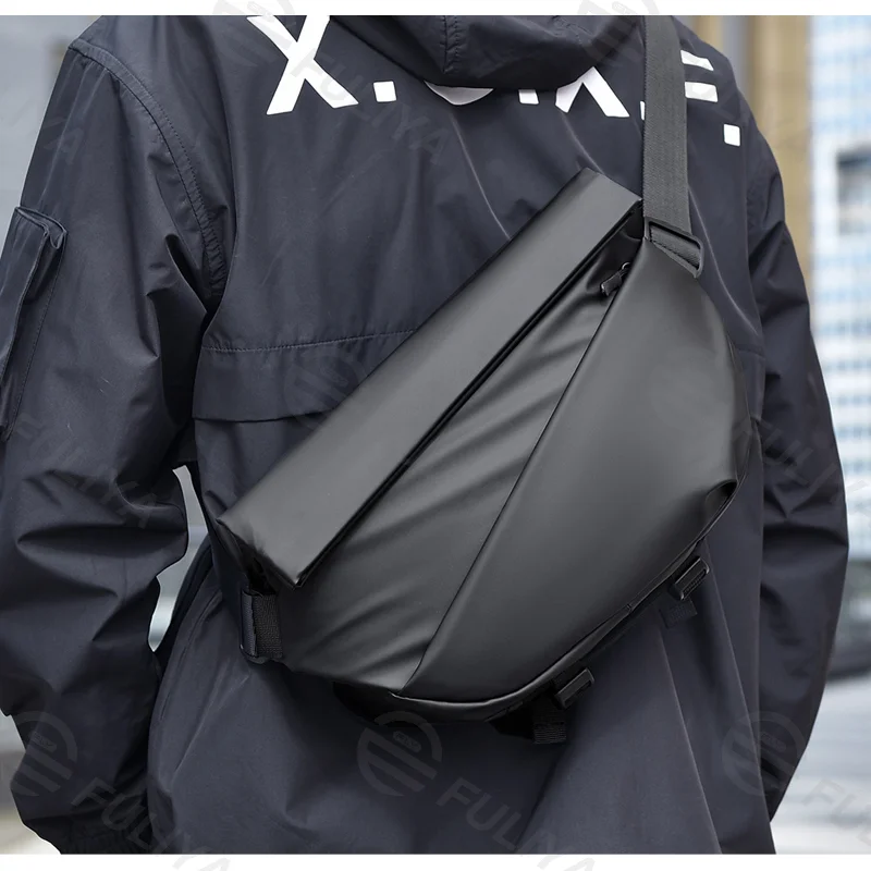 Guangzhou Fuliya Industry Co.,Ltd C-81177  Men's crossbody chest bag, water-resistant, large capacity, magnetic snap, retractable keychain, front/back zipper pockets, tripod strap, bottle holder, and luggage strap - for commuting, travel, and outdoor.