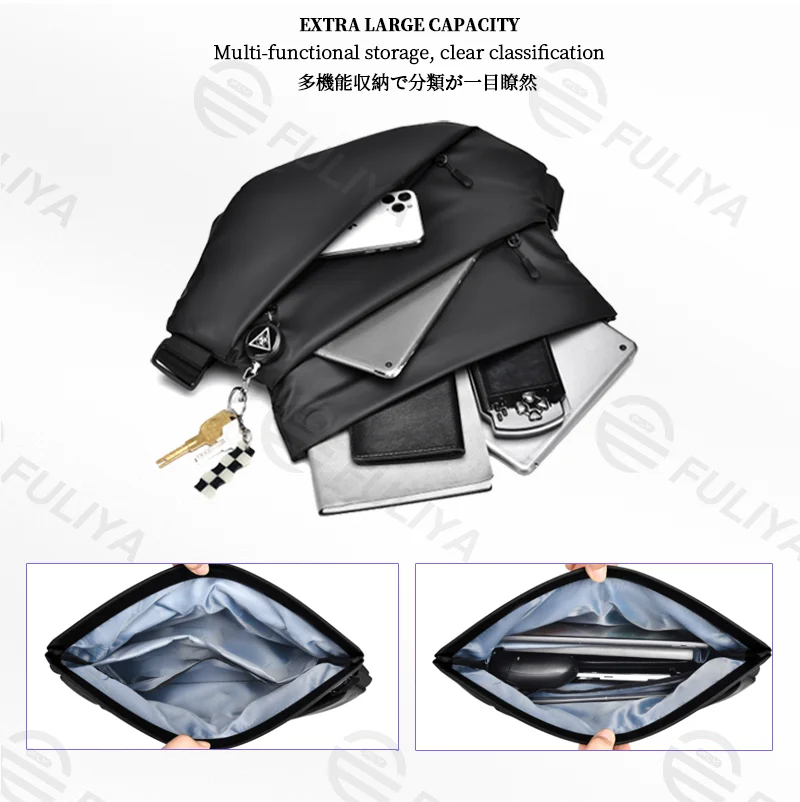 Guangzhou Fuliya Industry Co.,Ltd C-81177  Men's crossbody chest bag, water-resistant, large capacity, magnetic snap, retractable keychain, front/back zipper pockets, tripod strap, bottle holder, and luggage strap - for commuting, travel, and outdoor.