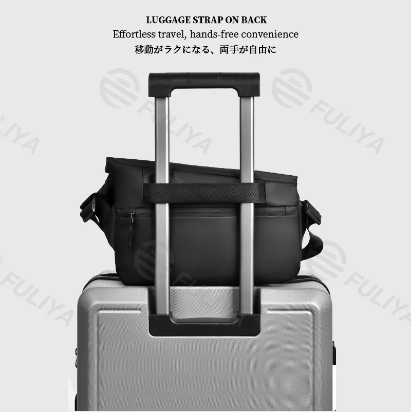 Guangzhou Fuliya Industry Co.,Ltd C-81177  Men's crossbody chest bag, water-resistant, large capacity, magnetic snap, retractable keychain, front/back zipper pockets, tripod strap, bottle holder, and luggage strap - for commuting, travel, and outdoor.