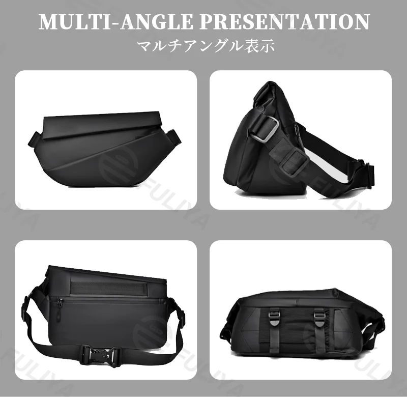Guangzhou Fuliya Industry Co.,Ltd C-81177  Men's crossbody chest bag, water-resistant, large capacity, magnetic snap, retractable keychain, front/back zipper pockets, tripod strap, bottle holder, and luggage strap - for commuting, travel, and outdoor.