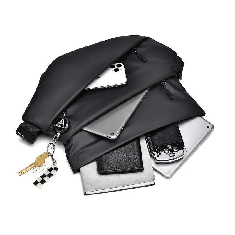 Guangzhou Fuliya Industry Co.,Ltd C-81177  Men's crossbody chest bag, water-resistant, large capacity, magnetic snap, retractable keychain, front/back zipper pockets, tripod strap, bottle holder, and luggage strap - for commuting, travel, and outdoor.