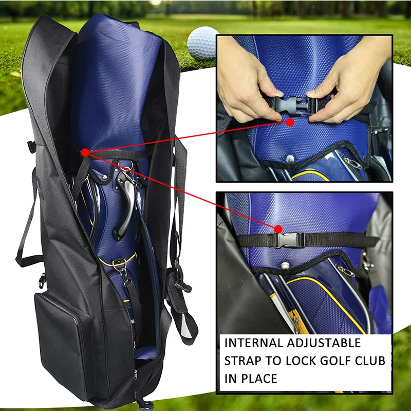 Guangzhou Fuliya Industry Co.,Ltd C-81182 Golf bag dust cover, water-resistant, non-slip rubber base, lockable handles, snap buckle, front zipper pocket, and internal adjustable strap - for travel, outdoor, and daily protection.