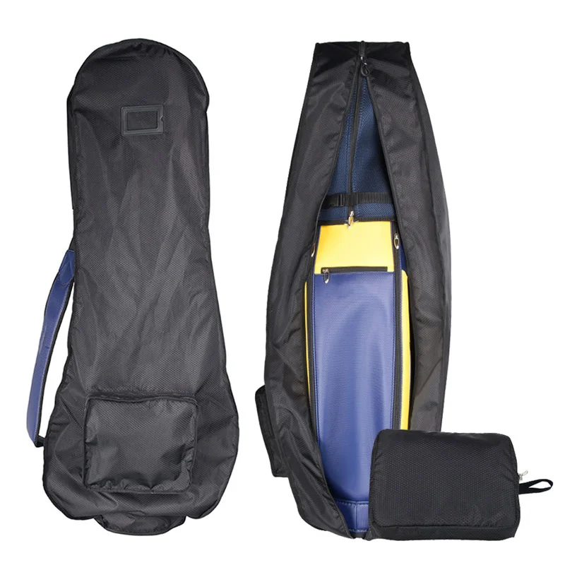 Guangzhou Fuliya Industry Co.,Ltd C-81182 Golf bag dust cover, water-resistant, non-slip rubber base, lockable handles, snap buckle, front zipper pocket, and internal adjustable strap - for travel, outdoor, and daily protection.