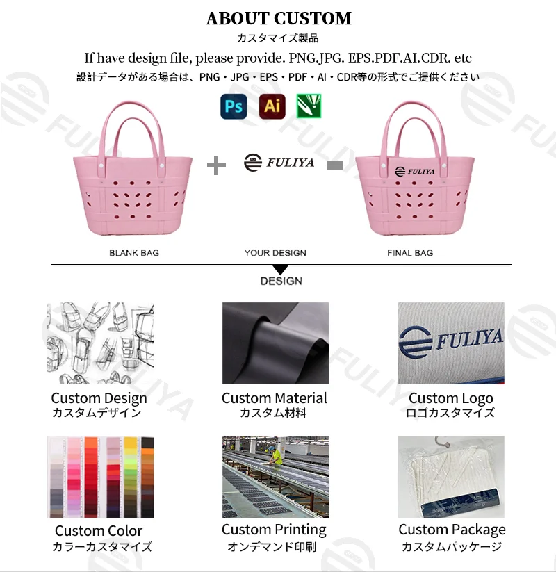 Guangzhou Fuliya Industry Co.,Ltd C-81187 EVA beach tote bag, waterproof and easy to clean, extra-large capacity and ultra-lightweight, with 3D hole decoration and DIY customization - for beach, surfing, swimming, and daily use.