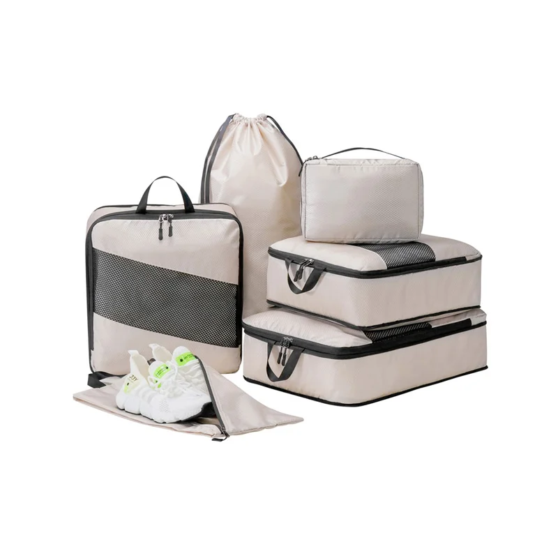 Guangzhou Fuliya Industry Co.,Ltd C-81190  Compression travel organizer set, water-resistant, see-through mesh, compression zipper, clothing bags, shoe bag, drawstring bag, and cosmetic pouch - for travel, business trips, and organization.