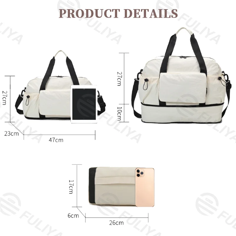 Guangzhou Fuliya Industry Co.,Ltd C-81193 Foldable gym travel bag, wet/dry separation, large capacity, adjustable strap, and luggage strap - hand, shoulder, or crossbody carry for fitness, travel, and daily use.