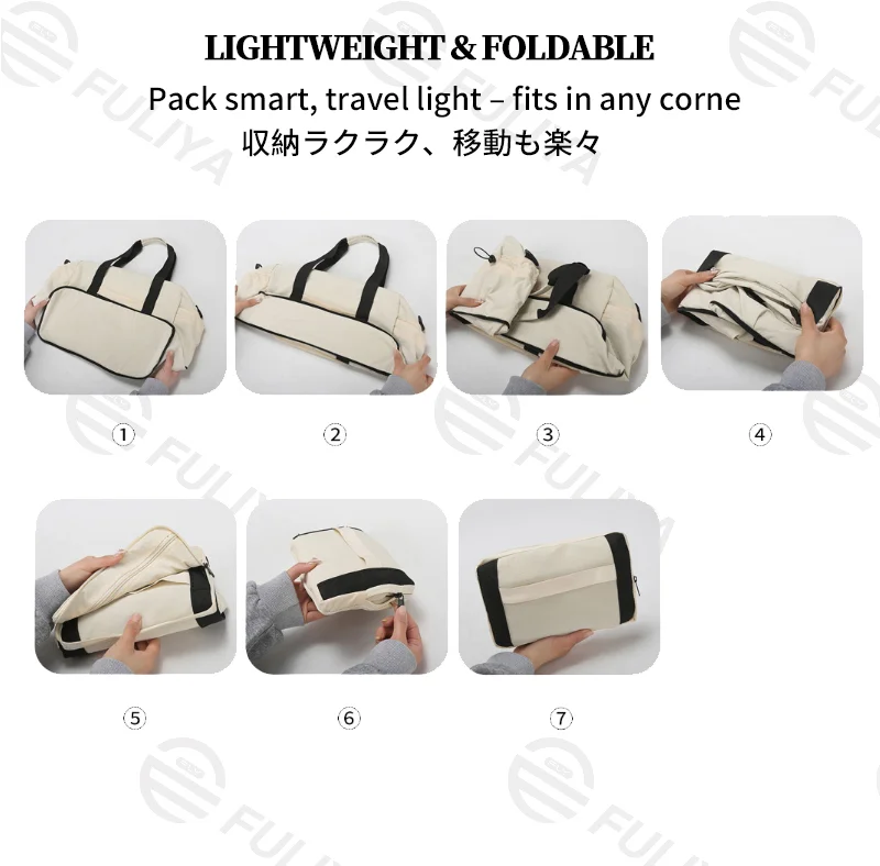Guangzhou Fuliya Industry Co.,Ltd C-81193 Foldable gym travel bag, wet/dry separation, large capacity, adjustable strap, and luggage strap - hand, shoulder, or crossbody carry for fitness, travel, and daily use.