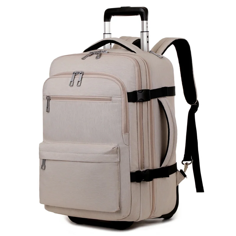 Guangzhou Fuliya Industry Co.,Ltd C-81202  Large-capacity trolley backpack, hideaway shoulder straps, bottom dust cover, waterproof fabric, silent spinner wheels, laptop compartment - for short trips and business commuting.