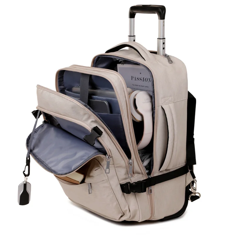 Guangzhou Fuliya Industry Co.,Ltd C-81202  Large-capacity trolley backpack, hideaway shoulder straps, bottom dust cover, waterproof fabric, silent spinner wheels, laptop compartment - for short trips and business commuting.