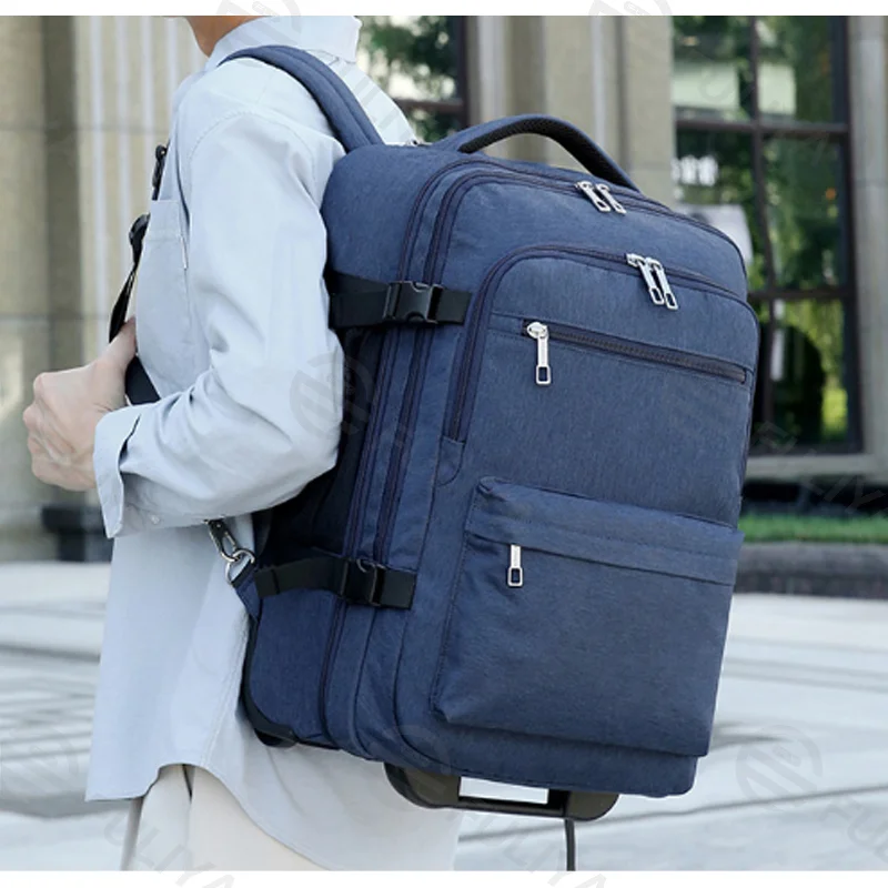 Guangzhou Fuliya Industry Co.,Ltd C-81202  Large-capacity trolley backpack, hideaway shoulder straps, bottom dust cover, waterproof fabric, silent spinner wheels, laptop compartment - for short trips and business commuting.