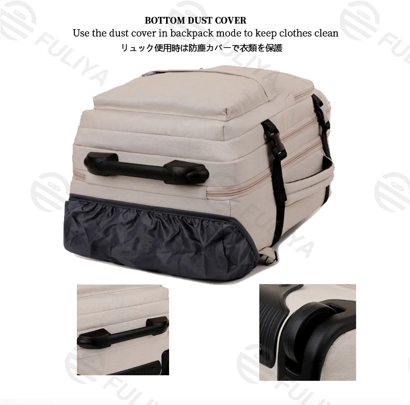 Guangzhou Fuliya Industry Co.,Ltd C-81202  Large-capacity trolley backpack, hideaway shoulder straps, bottom dust cover, waterproof fabric, silent spinner wheels, laptop compartment - for short trips and business commuting.
