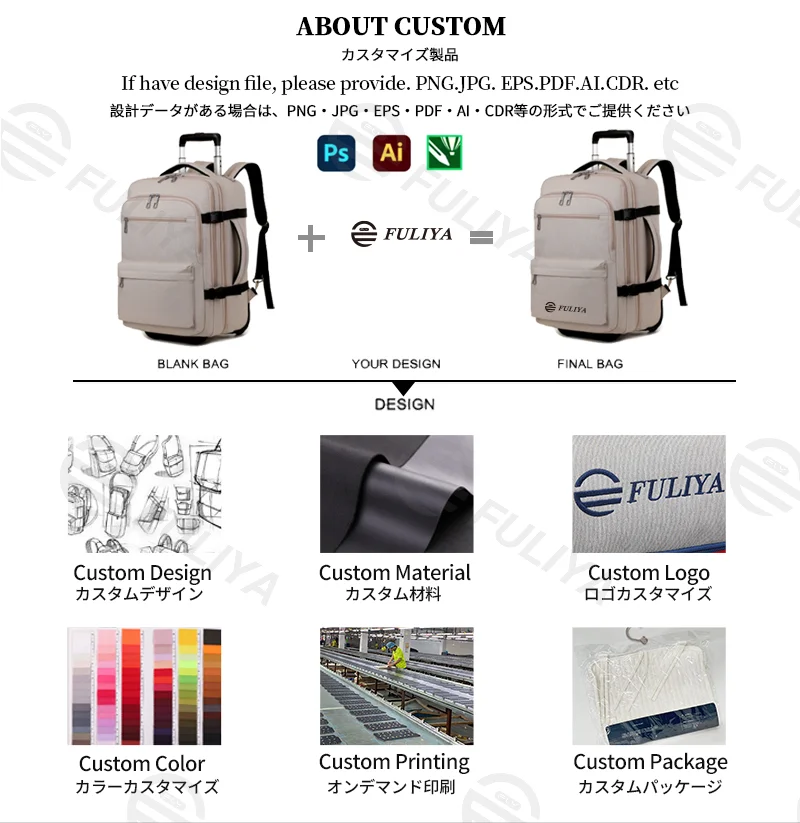 Guangzhou Fuliya Industry Co.,Ltd C-81202  Large-capacity trolley backpack, hideaway shoulder straps, bottom dust cover, waterproof fabric, silent spinner wheels, laptop compartment - for short trips and business commuting.