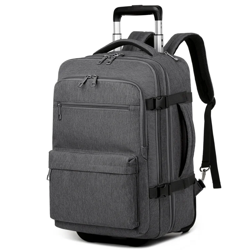 Guangzhou Fuliya Industry Co.,Ltd C-81202  Large-capacity trolley backpack, hideaway shoulder straps, bottom dust cover, waterproof fabric, silent spinner wheels, laptop compartment - for short trips and business commuting.