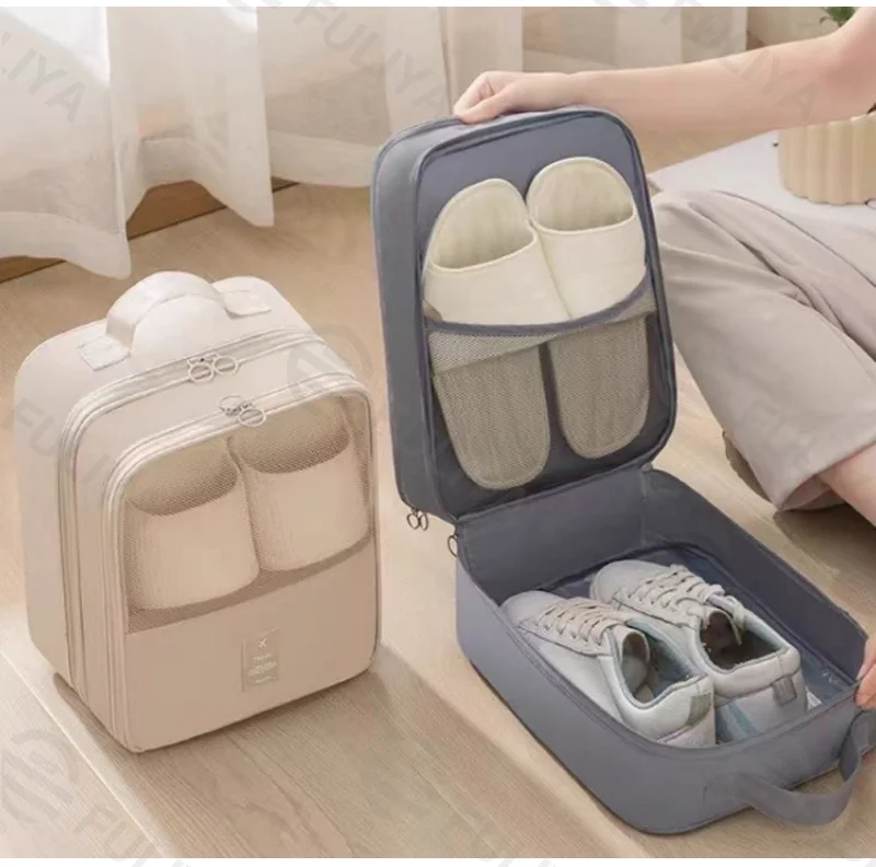 Guangzhou Fuliya Industry Co.,Ltd C-81204  2-layer large-capacity shoe bag, water-repellent twill fabric, partial mesh ventilation, back pocket for small essentials, luggage sleeve - for travel and storage.