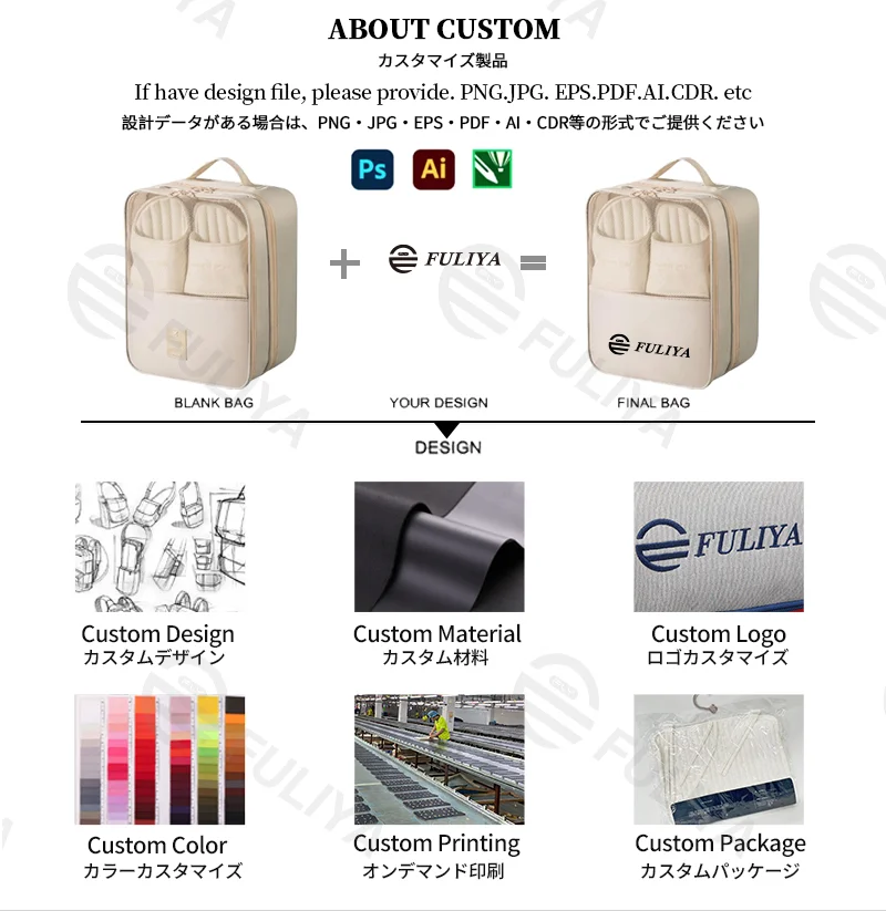 Guangzhou Fuliya Industry Co.,Ltd C-81204  2-layer large-capacity shoe bag, water-repellent twill fabric, partial mesh ventilation, back pocket for small essentials, luggage sleeve - for travel and storage.