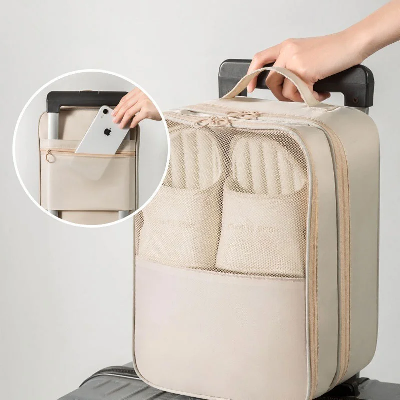 Guangzhou Fuliya Industry Co.,Ltd C-81204  2-layer large-capacity shoe bag, water-repellent twill fabric, partial mesh ventilation, back pocket for small essentials, luggage sleeve - for travel and storage.